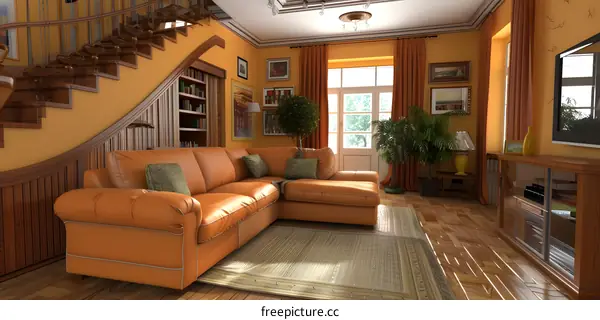 Modern Living Room Interior Design With Orange Sofa And Wooden Stairs
