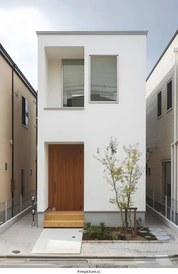 Minimalist Modern House with Wooden Door and Small Garden
