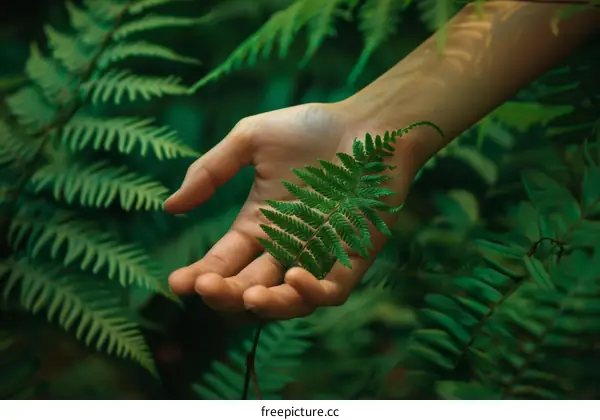 A hand holding a frond of a fern