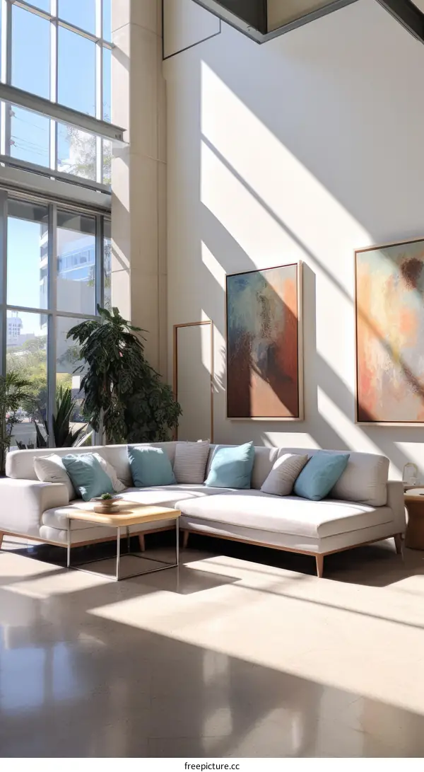 Sunlight shining through the floor-to-ceiling windows of a modern hotel lobby