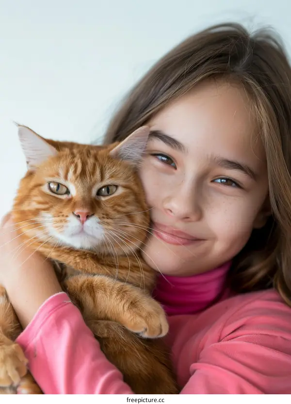 A girl is hugging an orange cat