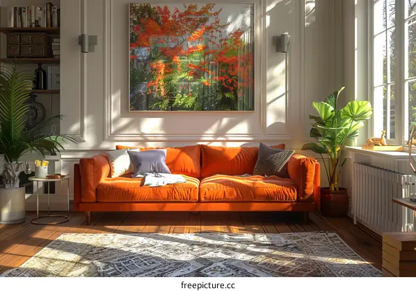 Sunlit living room with orange sofa