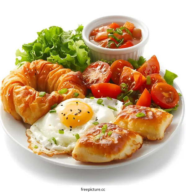 Delicious breakfast with fried egg and pastries