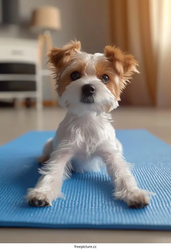 Cute Yorkshire Terrier Puppy Dog Posing On Blue Yoga Mat Looking At Camera