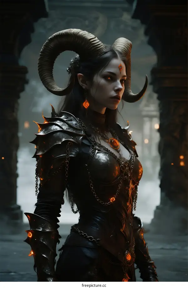 Dark Female Demon with Large Horns in Gothic Architecture
