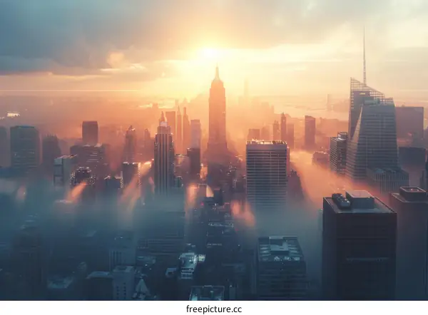 Manhattan Skyline with Skyscrapers and Sunlight