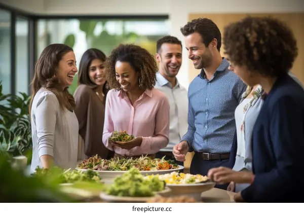 A group of people are gathered around a table of food, laughing and talking.