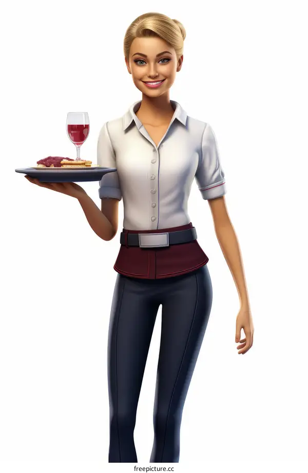 Waitress with a tray of food and wine