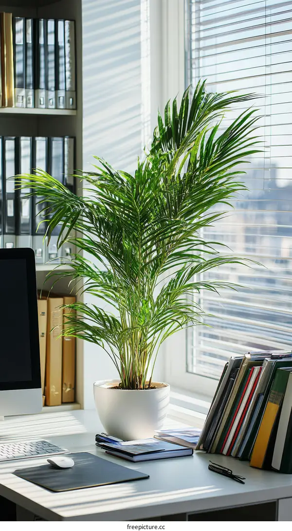 Home Office Desk with Palm Plant and Books