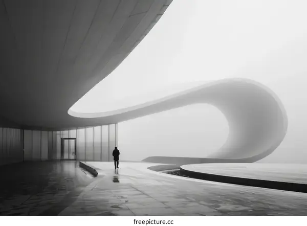 Man walking alone in a modern building with a curved roof