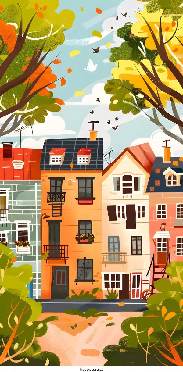 Autumn Illustration with Colorful Houses and Trees