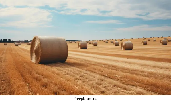 Field of hay bales under blue sky