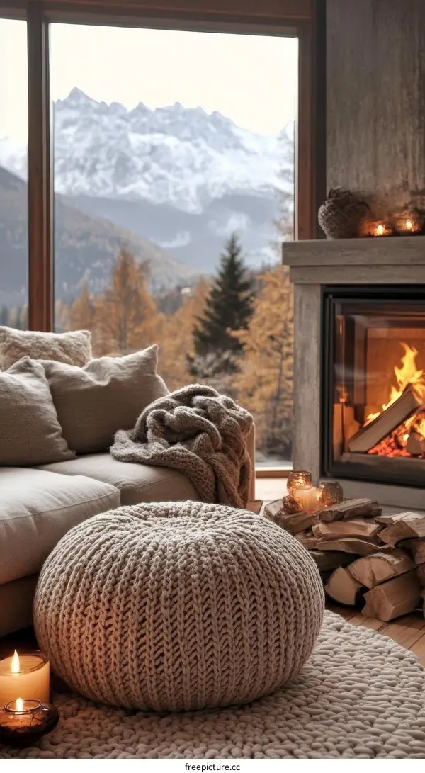 Cozy Mountain View Living Room with Knitted Ottoman