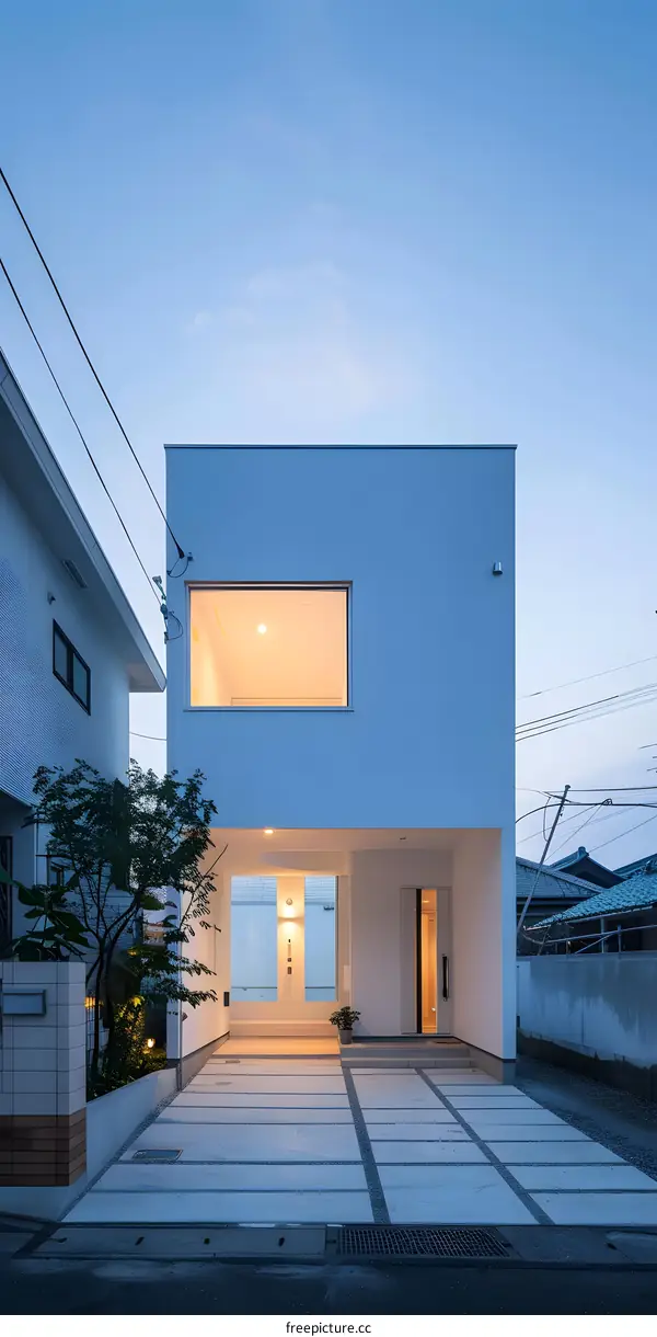 Modern Minimalist White House with Large Window and Stone Driveway