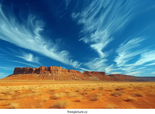 Striking Arid Desert Landscape with Blue Skies and Lofty Red Mountains