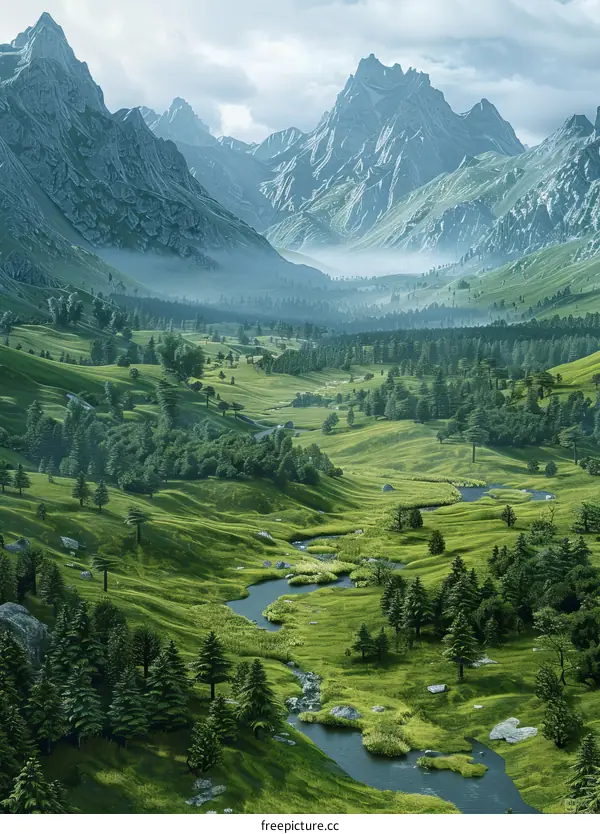 Enchanted Valley with Majestic Mountains, Serene River and Towering Trees