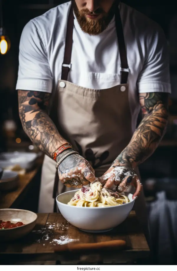 Tattooed chef kneading pasta dough in bowl