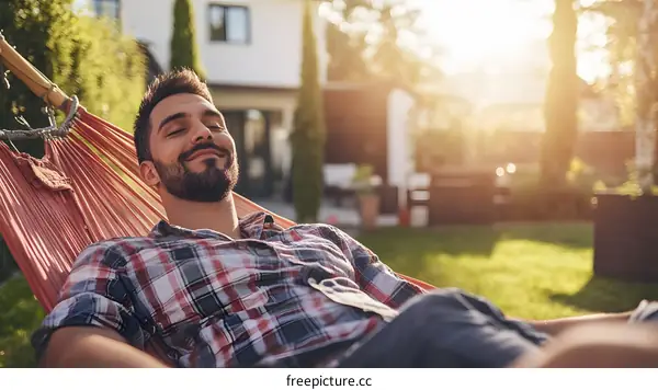 Man Relaxing In Hammock On Backyard