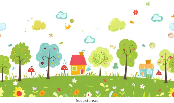 Cartoon Illustration of a Colorful Landscape with Houses and Trees