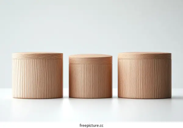 Three Wooden Cylindrical Containers Displayed