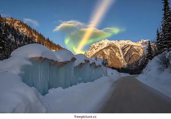Aurora Borealis Display Over Snowy Mountains And Ice Formations
