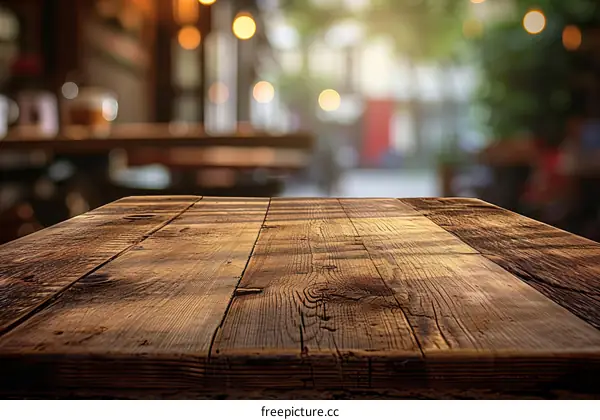 Rustic wooden table with a blurred background of a restaurant