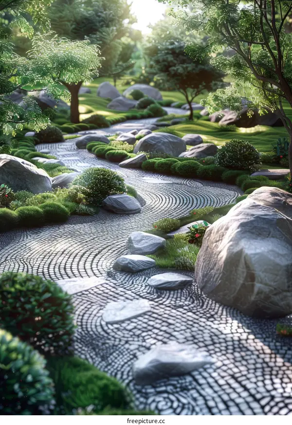 Tranquil Japanese Zen Garden with Stones, Path, and Lush Greenery