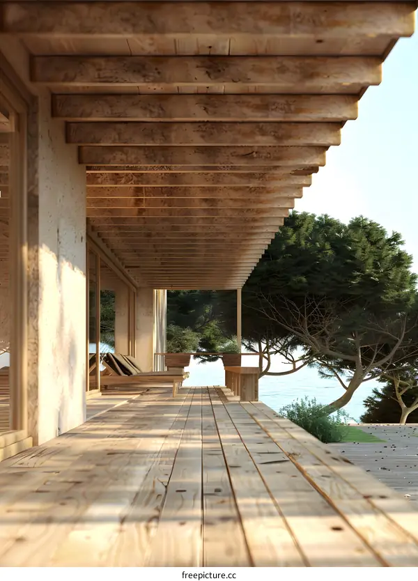 Wooden Deck Overlooking Sea and Trees