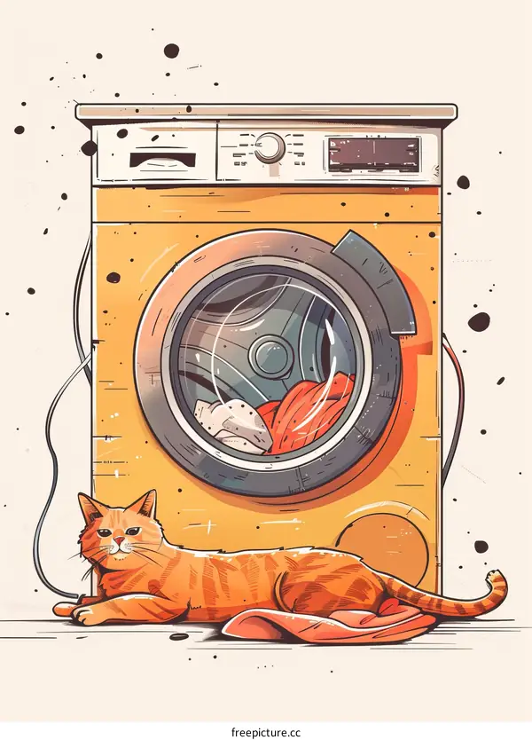 A ginger cat is lying next to a washing machine