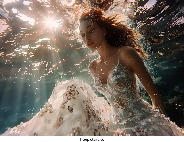 A Woman in a White Dress Underwater