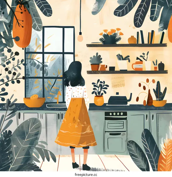 A woman standing in a kitchen looking out the window