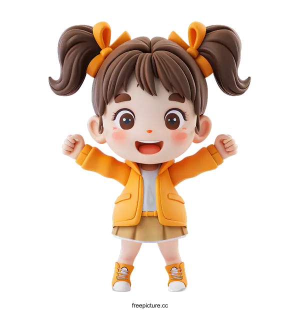 [Transparent Background PNG]Cheerful Cartoon Girl in Yellow Jacket 3D Illustration