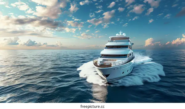 A luxury yacht is moving in the vast ocean