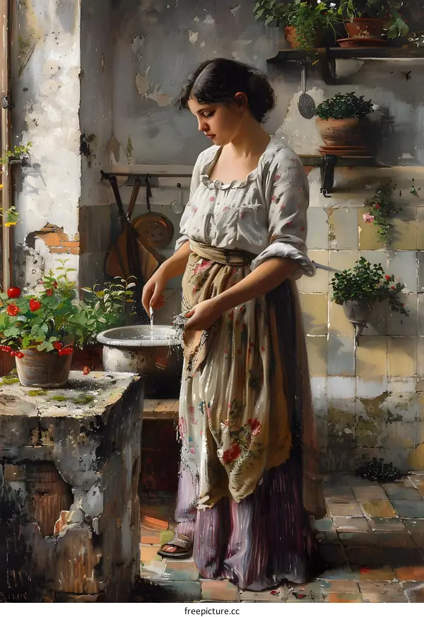 A Young Woman Washing Clothes in a Stone Basin