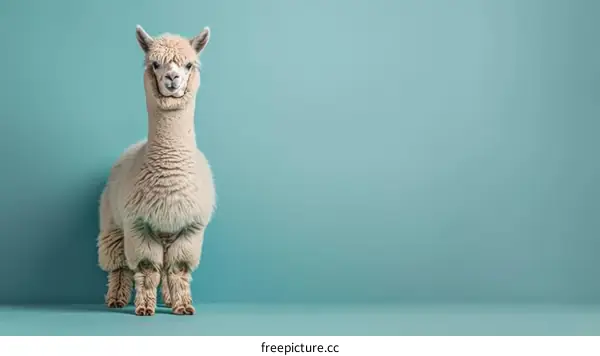A fluffy white llama or alpaca stands on a blue background