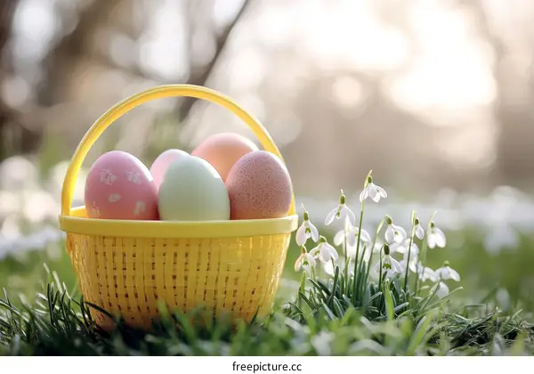 Easter Basket filled with Decorated Eggs in a Spring Garden