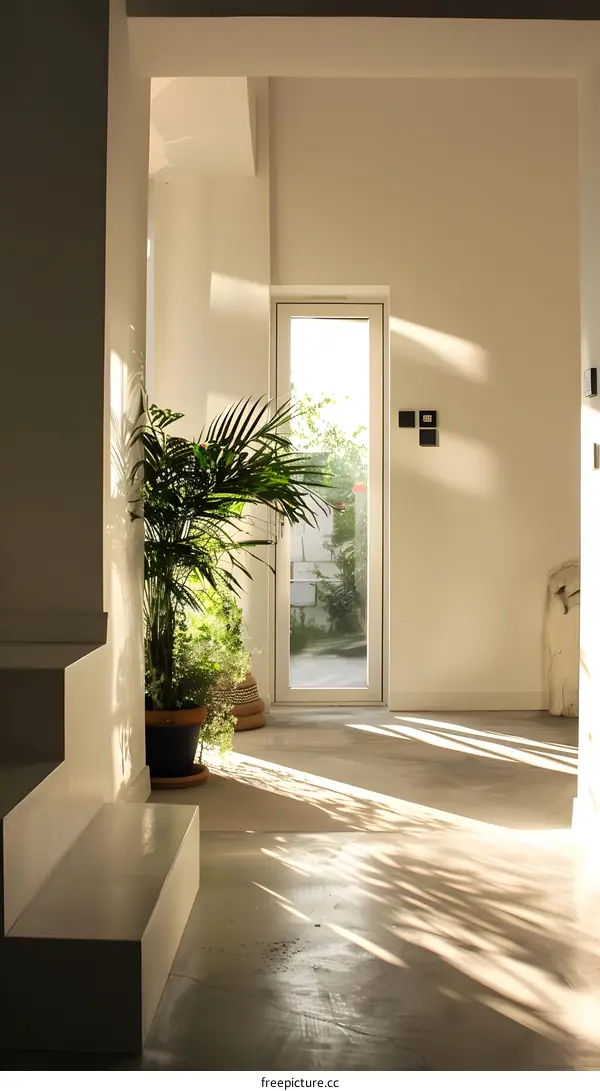 Sunlight Streaming Through Glass Door In Modern Home