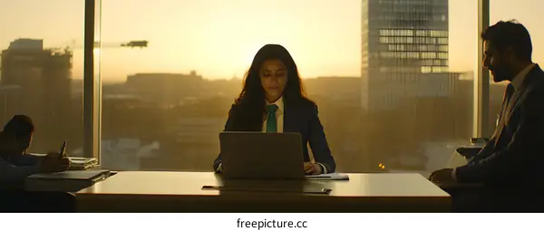 Business Professionals Working in Modern Office with Sunset View