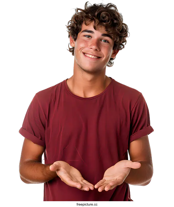 [Transparent Background PNG]Portrait of a happy young man with curly hair wearing a red t-shirt