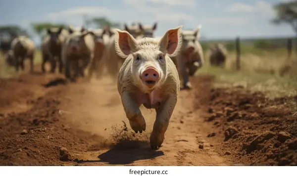A pig running towards the camera with other pigs in the background