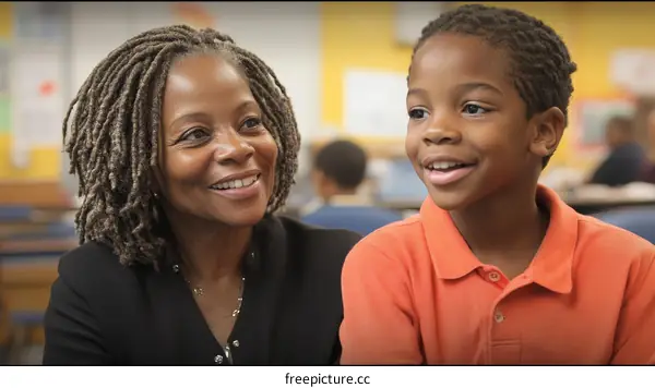Teacher and Student in Classroom Smiling