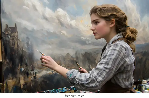 Young Woman Painting Landscape on Canvas