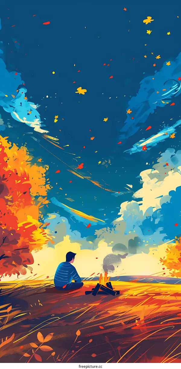 Man Sitting By Campfire In Autumn Forest