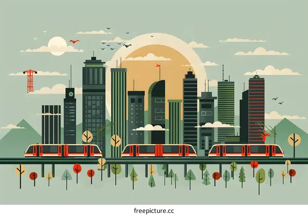 Cityscape with Subway and Sunset