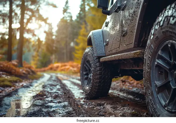 Muddy Jeep on a Forest Road