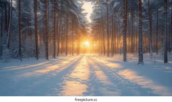 The sun shines through the snow covered trees in the forest