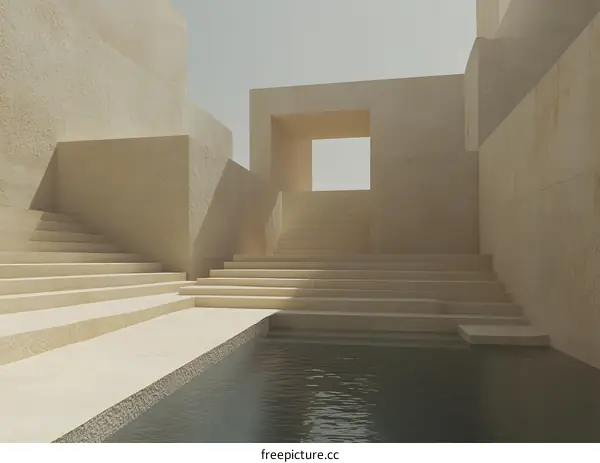 Minimalist Architecture With Stairs And Water