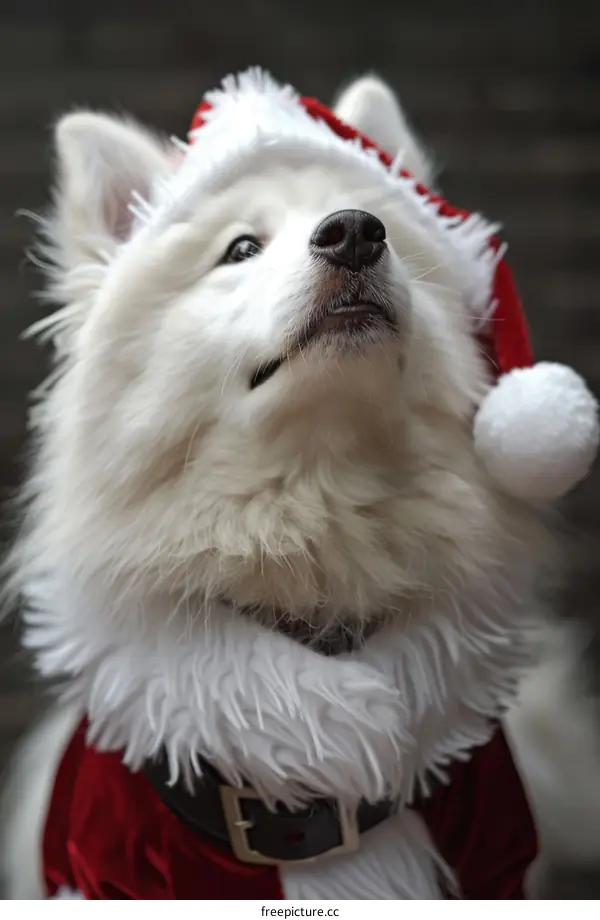 Samoyed dog wearing a Santa hat