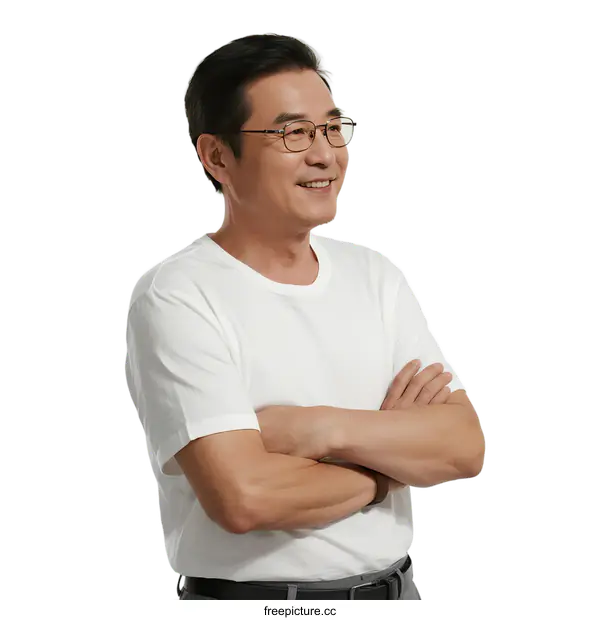 [Transparent Background PNG]Middle - aged man with arms crossed wearing white T - shirt