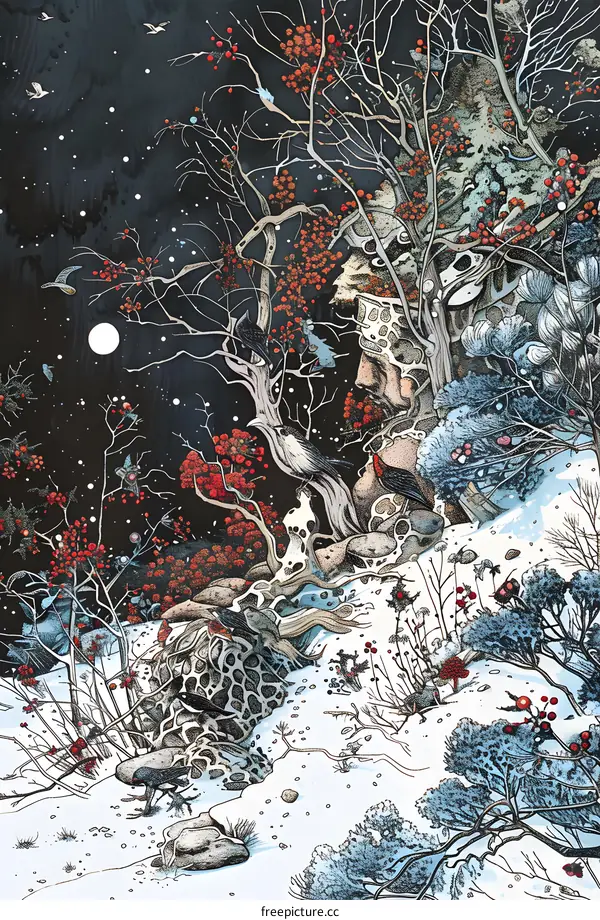 Winter Landscape With Birds and Moon Illustration